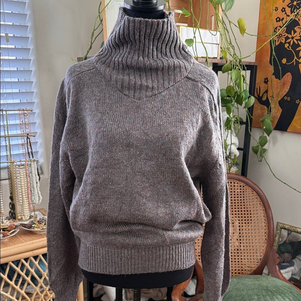Vintage 80s/90s Oak Tree Taupe Confetti Knit Button Funnel Neck Lodge Sweater